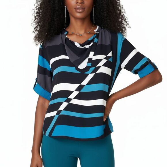 Derek Lam for Design Nation Abstract Geometric Teal & Black Striped Blouse Sz L - Picture 1 of 11